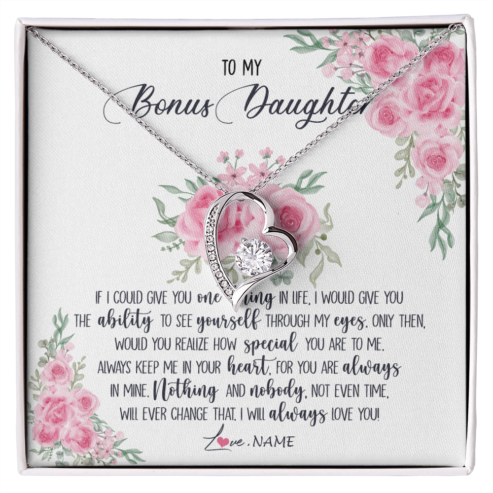 Forever Love Necklace | Personalized To My Bonus Daughter Necklace From Stepmother I Will Always Love You Stepdaughter Birthday Christmas Jewelry Customized Gift Box Message Card | teecentury