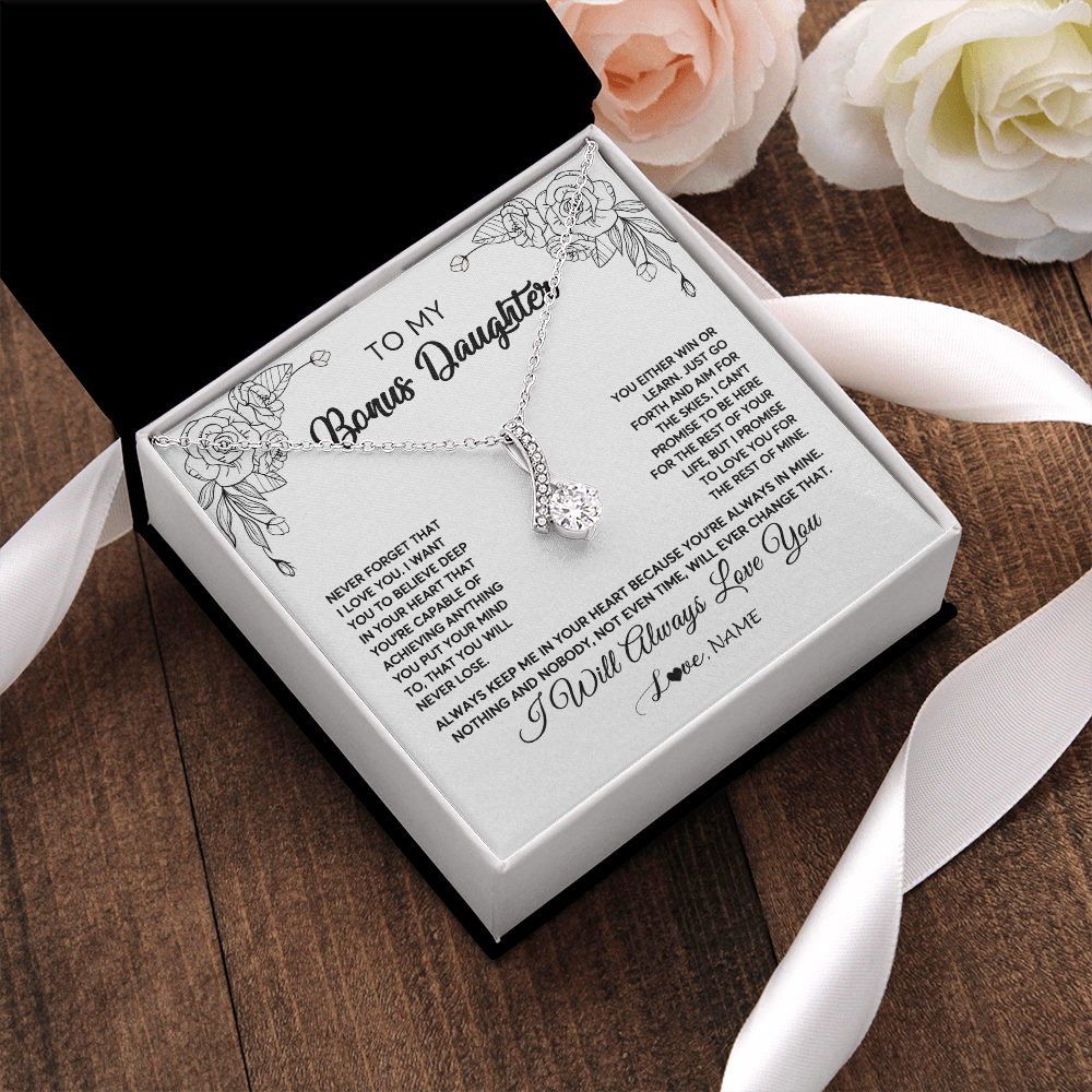 Alluring Beauty Necklace | Personalized To My Bonus Daughter Necklace From Stepmother Never Forget That I Love You Step Daughter Birthday Christmas Customized Gift Box Message Card | teecentury