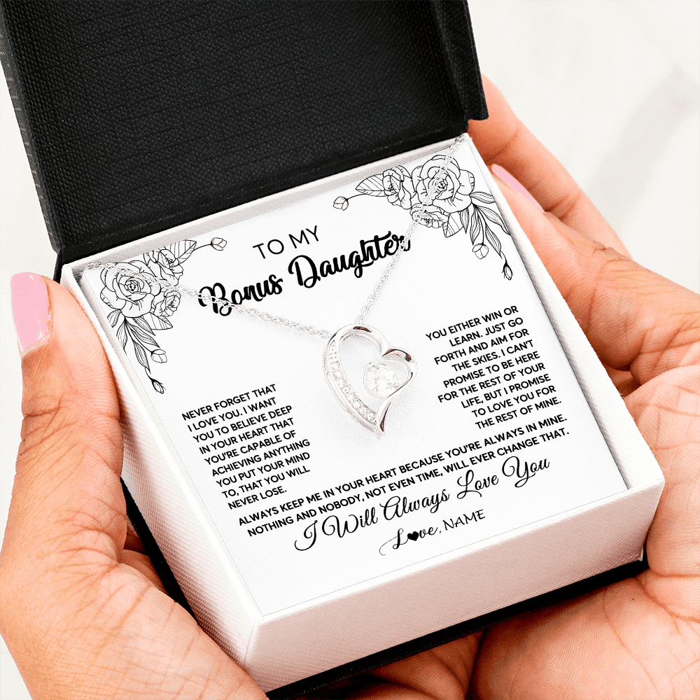 Forever Love Necklace | Personalized To My Bonus Daughter Necklace From Stepmother Never Forget That I Love You Step Daughter Birthday Christmas Customized Gift Box Message Card | teecentury