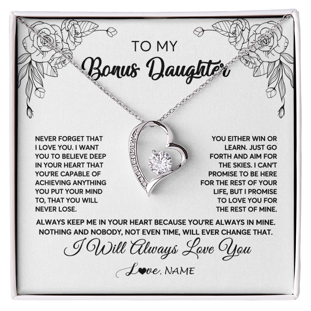 Forever Love Necklace | Personalized To My Bonus Daughter Necklace From Stepmother Never Forget That I Love You Step Daughter Birthday Christmas Customized Gift Box Message Card | teecentury