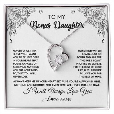 Forever Love Necklace | Personalized To My Bonus Daughter Necklace From Stepmother Never Forget That I Love You Step Daughter Birthday Christmas Customized Gift Box Message Card | teecentury