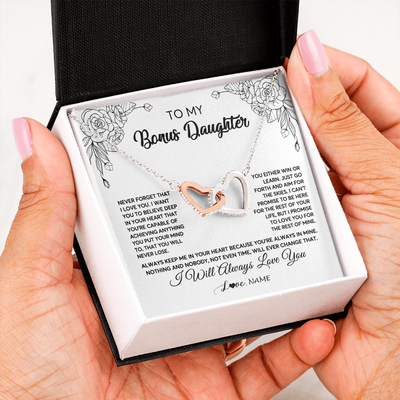 Interlocking Hearts Necklace | Personalized To My Bonus Daughter Necklace From Stepmother Never Forget That I Love You Step Daughter Birthday Christmas Customized Gift Box Message Card | teecentury
