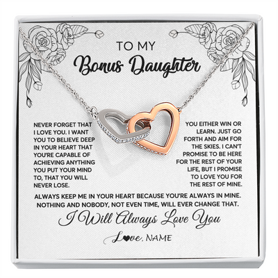 Interlocking Hearts Necklace | Personalized To My Bonus Daughter Necklace From Stepmother Never Forget That I Love You Step Daughter Birthday Christmas Customized Gift Box Message Card | teecentury