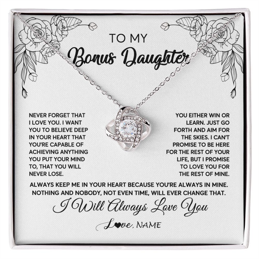 Love Knot Necklace | Personalized To My Bonus Daughter Necklace From Stepmother Never Forget That I Love You Step Daughter Birthday Christmas Customized Gift Box Message Card | teecentury