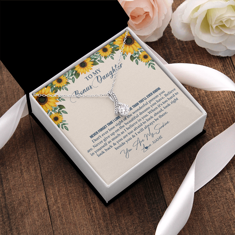 Alluring Beauty Necklace | Personalized To My Bonus Daughter Necklace From Stepmother Stepdad Sunflower You Are My Sunshine Stepdaughter Jewelry Birthday Customized Gift Box Message Card | teecentury