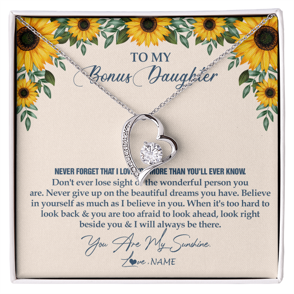 Forever Love Necklace | Personalized To My Bonus Daughter Necklace From Stepmother Stepdad Sunflower You Are My Sunshine Stepdaughter Jewelry Birthday Customized Gift Box Message Card | teecentury
