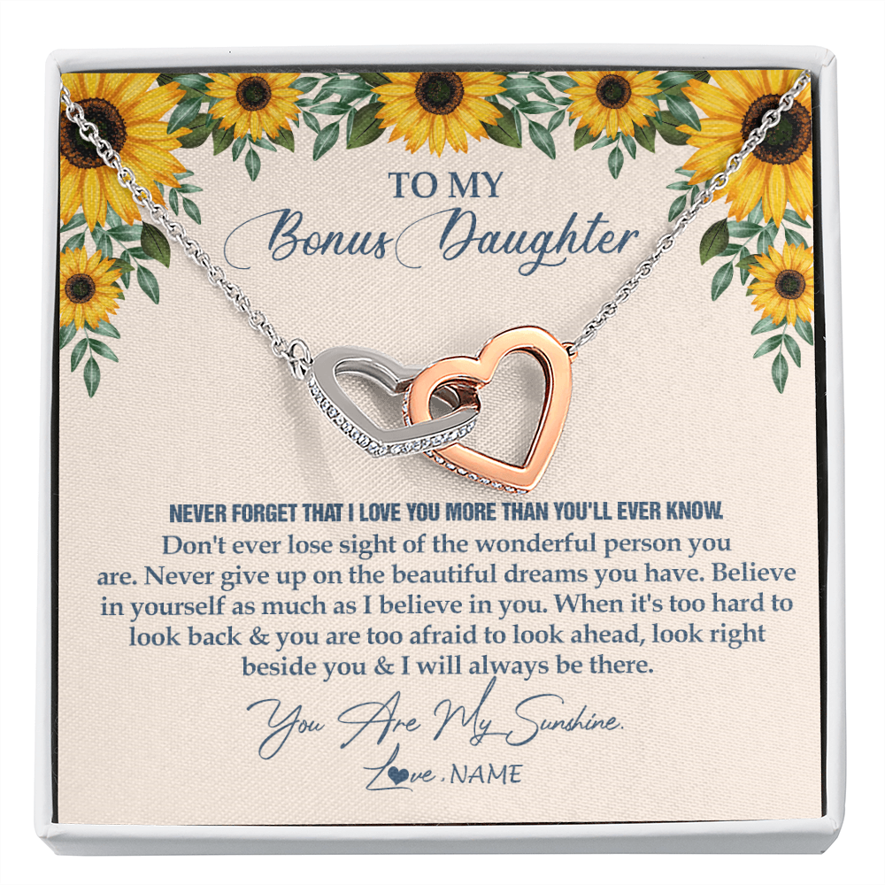 Interlocking Hearts Necklace | Personalized To My Bonus Daughter Necklace From Stepmother Stepdad Sunflower You Are My Sunshine Stepdaughter Jewelry Birthday Customized Gift Box Message Card | teecentury