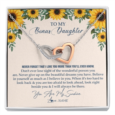 Interlocking Hearts Necklace | Personalized To My Bonus Daughter Necklace From Stepmother Stepdad Sunflower You Are My Sunshine Stepdaughter Jewelry Birthday Customized Gift Box Message Card | teecentury