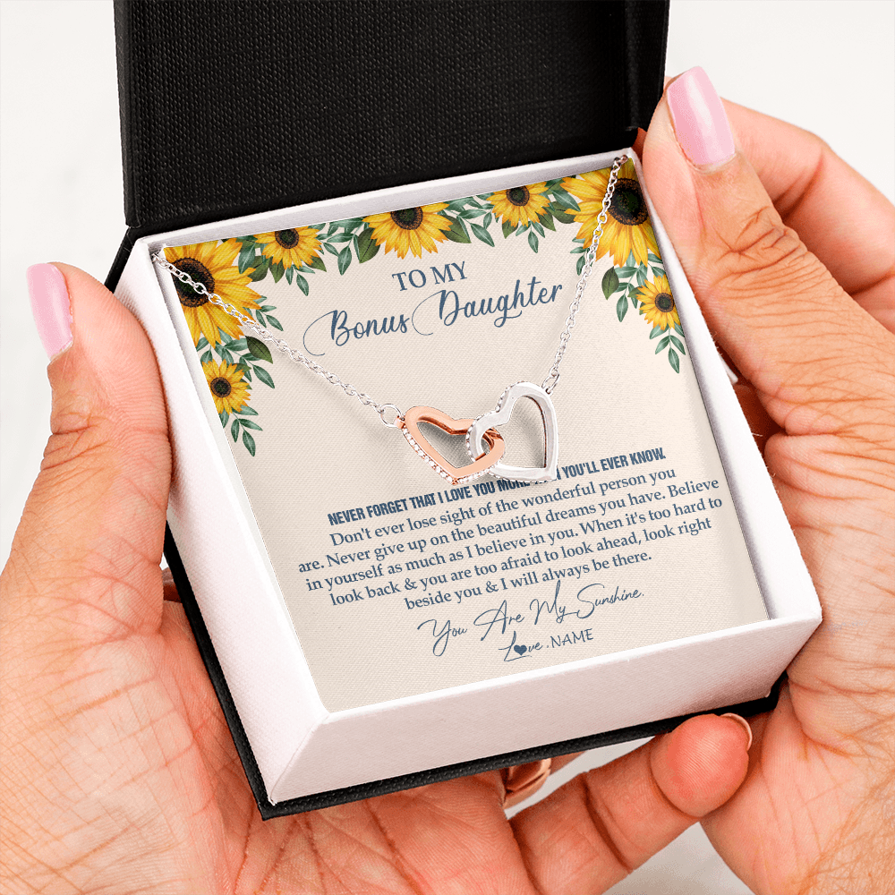 Interlocking Hearts Necklace | Personalized To My Bonus Daughter Necklace From Stepmother Stepdad Sunflower You Are My Sunshine Stepdaughter Jewelry Birthday Customized Gift Box Message Card | teecentury