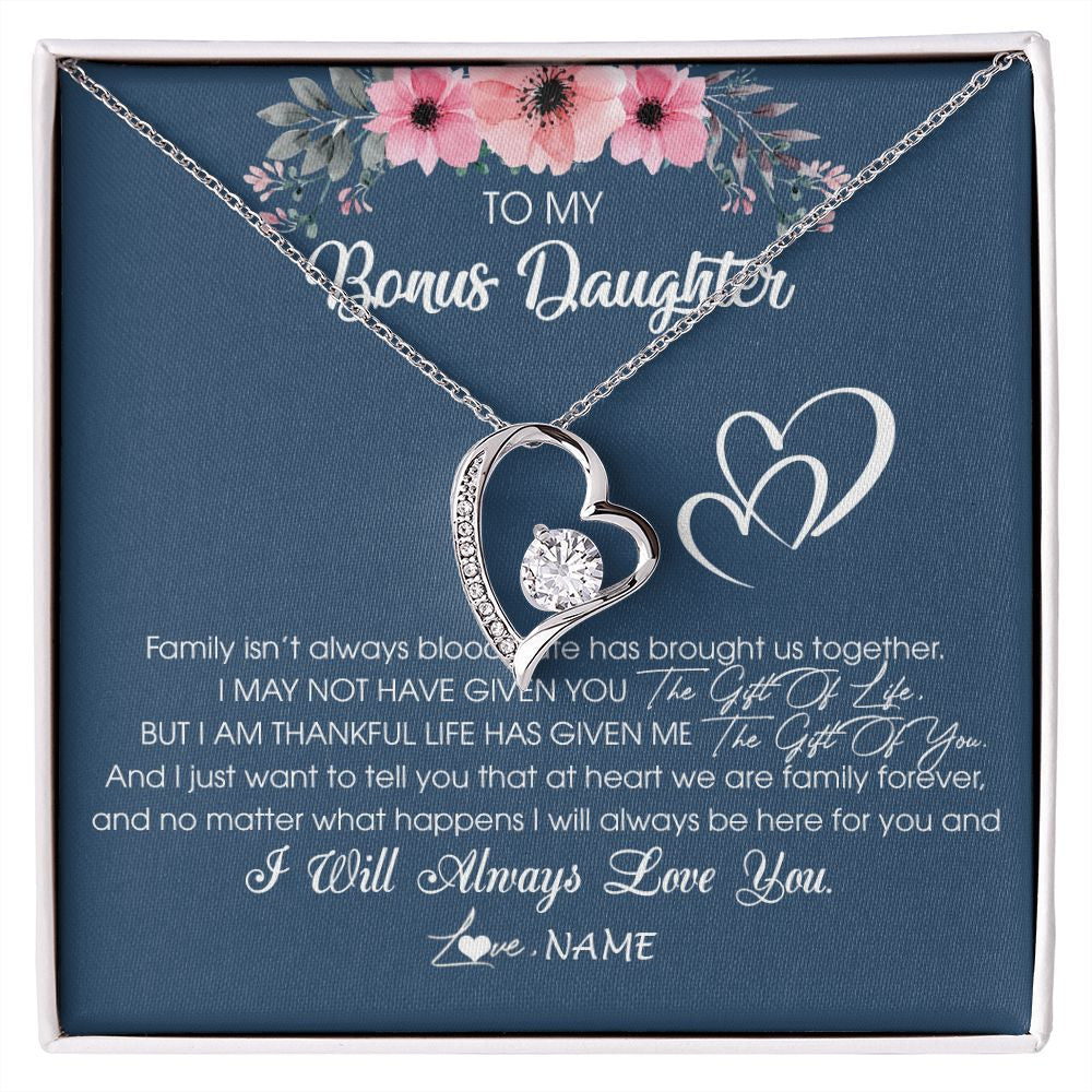 Forever Love Necklace | Personalized To My Bonus Daughter Necklace From Stepmother Stepfather I Will Always Love You Stepdaughter Jewelry Birthday Christmas Customized Message Card | teecentury