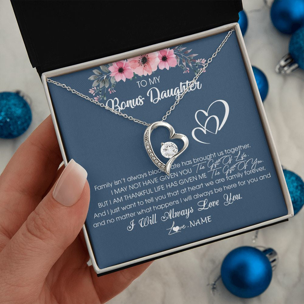 Forever Love Necklace | Personalized To My Bonus Daughter Necklace From Stepmother Stepfather I Will Always Love You Stepdaughter Jewelry Birthday Christmas Customized Message Card | teecentury
