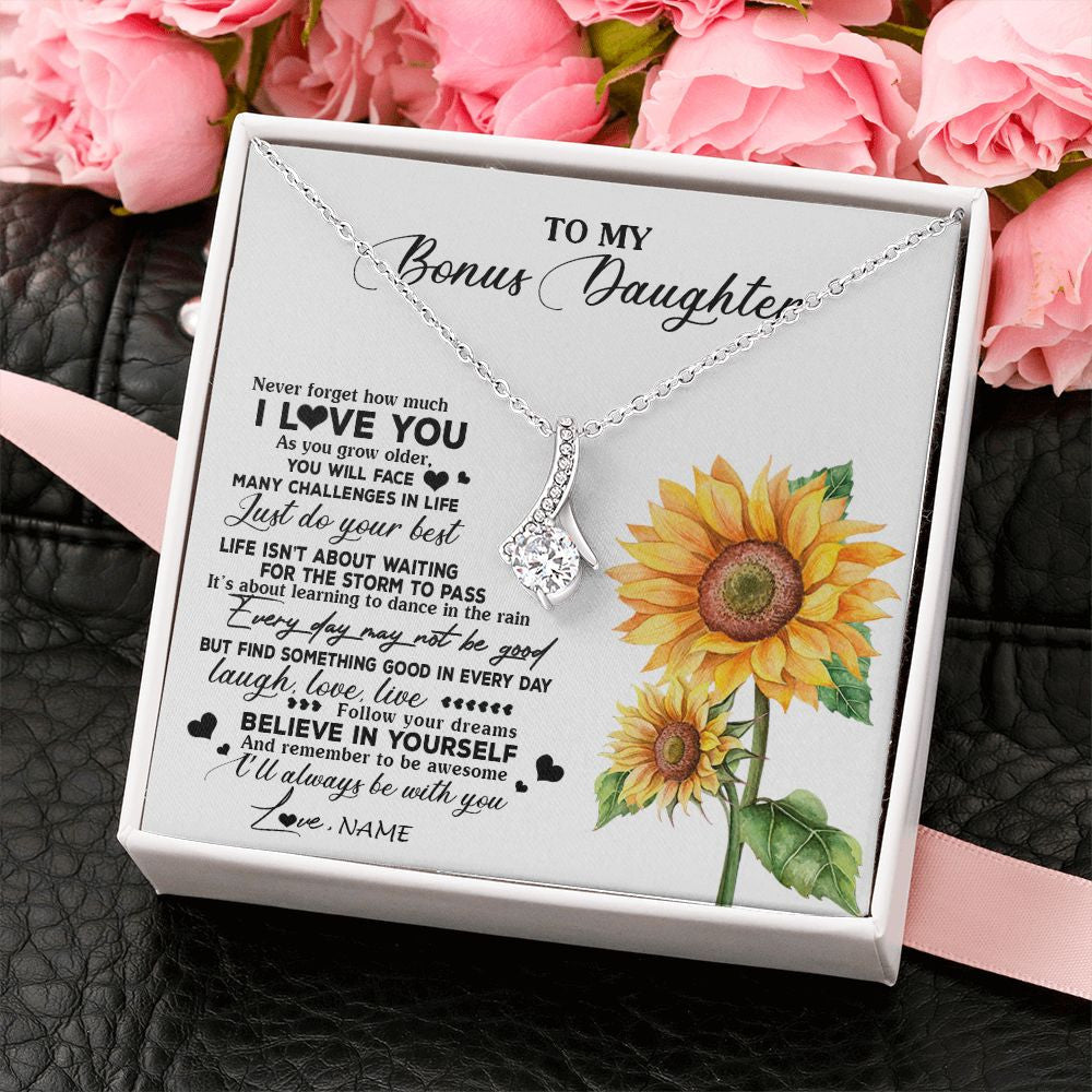 Alluring Beauty Necklace | Personalized To My Bonus Daughter Necklace From Stepmother Sunflower Wood Laugh Love Live Stepdaughter Birthday Christmas Customized Gift Box Message Card | teecentury