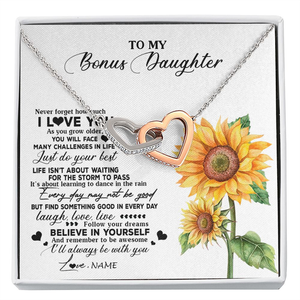 Interlocking Hearts Necklace | Personalized To My Bonus Daughter Necklace From Stepmother Sunflower Wood Laugh Love Live Stepdaughter Birthday Christmas Customized Gift Box Message Card | teecentury