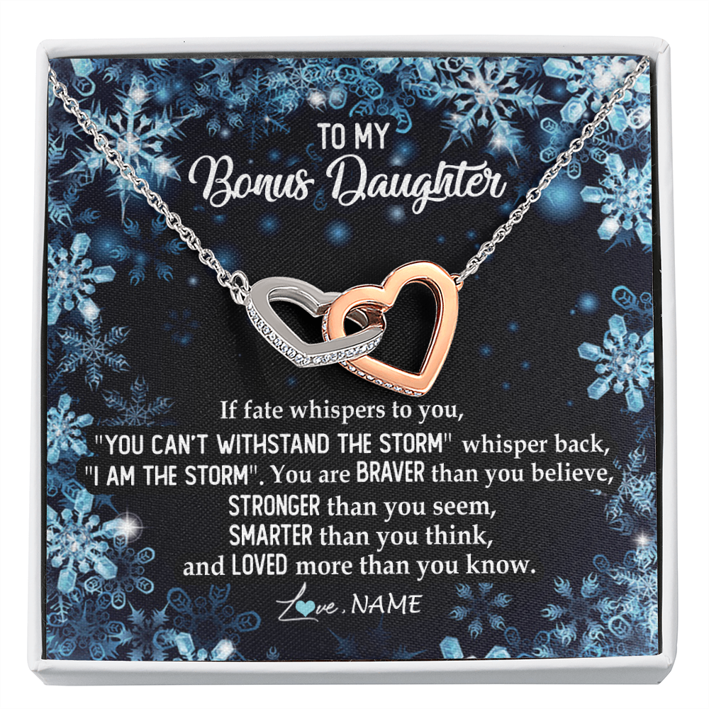 Interlocking Hearts Necklace | Personalized To My Bonus Daughter Necklace From Stepmother Whisper Back I Am The Storm Stepdaughter Jewelry Birthday Christmas Customized Message Card | teecentury
