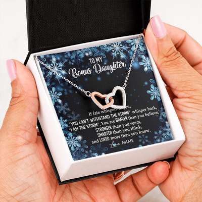 Interlocking Hearts Necklace | Personalized To My Bonus Daughter Necklace From Stepmother Whisper Back I Am The Storm Stepdaughter Jewelry Birthday Christmas Customized Message Card | teecentury