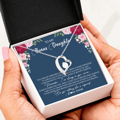 Forever Love Necklace | Personalized To My Bonus Daughter Necklace From Stepmother You Are My Greatest Gift Stepdaughter Birthday Customized Jewelry Gift Box Message Card | teecentury