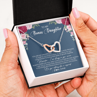 Interlocking Hearts Necklace | Personalized To My Bonus Daughter Necklace From Stepmother You Are My Greatest Gift Stepdaughter Birthday Customized Jewelry Gift Box Message Card | teecentury