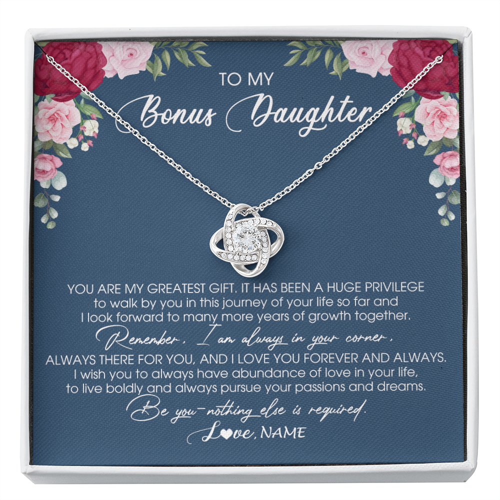 Love Knot Necklace | Personalized To My Bonus Daughter Necklace From Stepmother You Are My Greatest Gift Stepdaughter Birthday Customized Jewelry Gift Box Message Card | teecentury