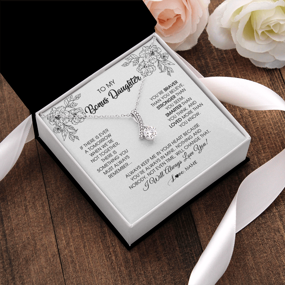 Alluring Beauty Necklace | Personalized To My Bonus Daughter Necklace From Stepmother You're Braver Stronger Smarter Stepdaughter Birthday Customized Jewelry Gift Box Message Card | teecentury