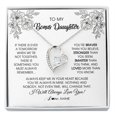 Forever Love Necklace | Personalized To My Bonus Daughter Necklace From Stepmother You're Braver Stronger Smarter Stepdaughter Birthday Customized Jewelry Gift Box Message Card | teecentury