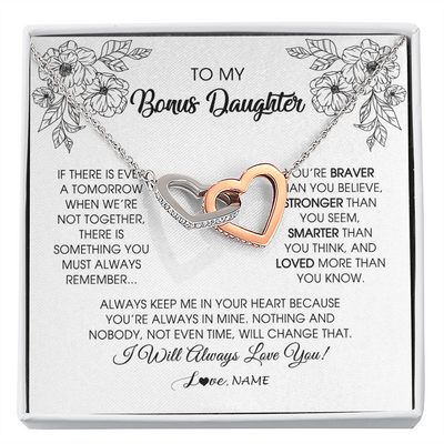 Interlocking Hearts Necklace | Personalized To My Bonus Daughter Necklace From Stepmother You're Braver Stronger Smarter Stepdaughter Birthday Customized Jewelry Gift Box Message Card | teecentury