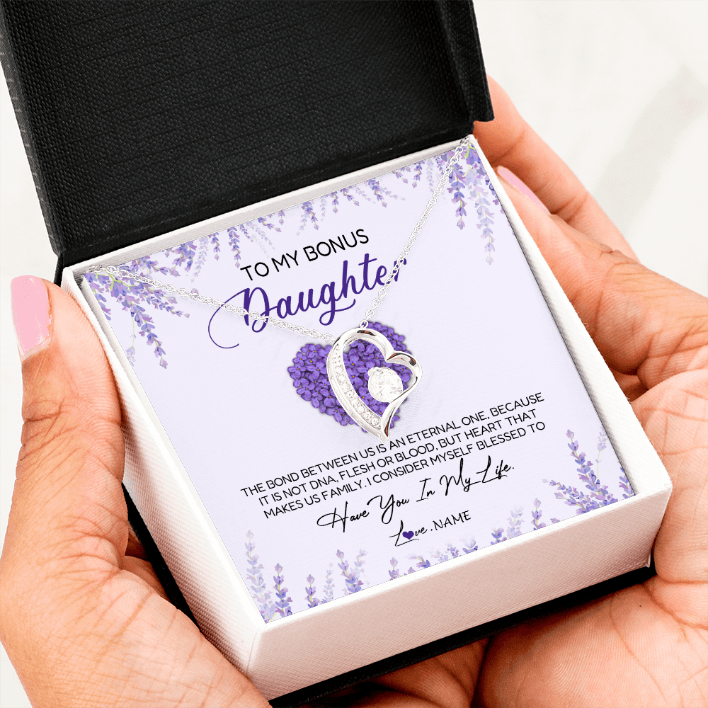 Forever Love Necklace | Personalized To My Bonus Daughter Necklace The Bond Between Us Is An Eternal Future Step Daughter Jewelry Birthday Christmas Customized Gift Box Message Card | teecentury
