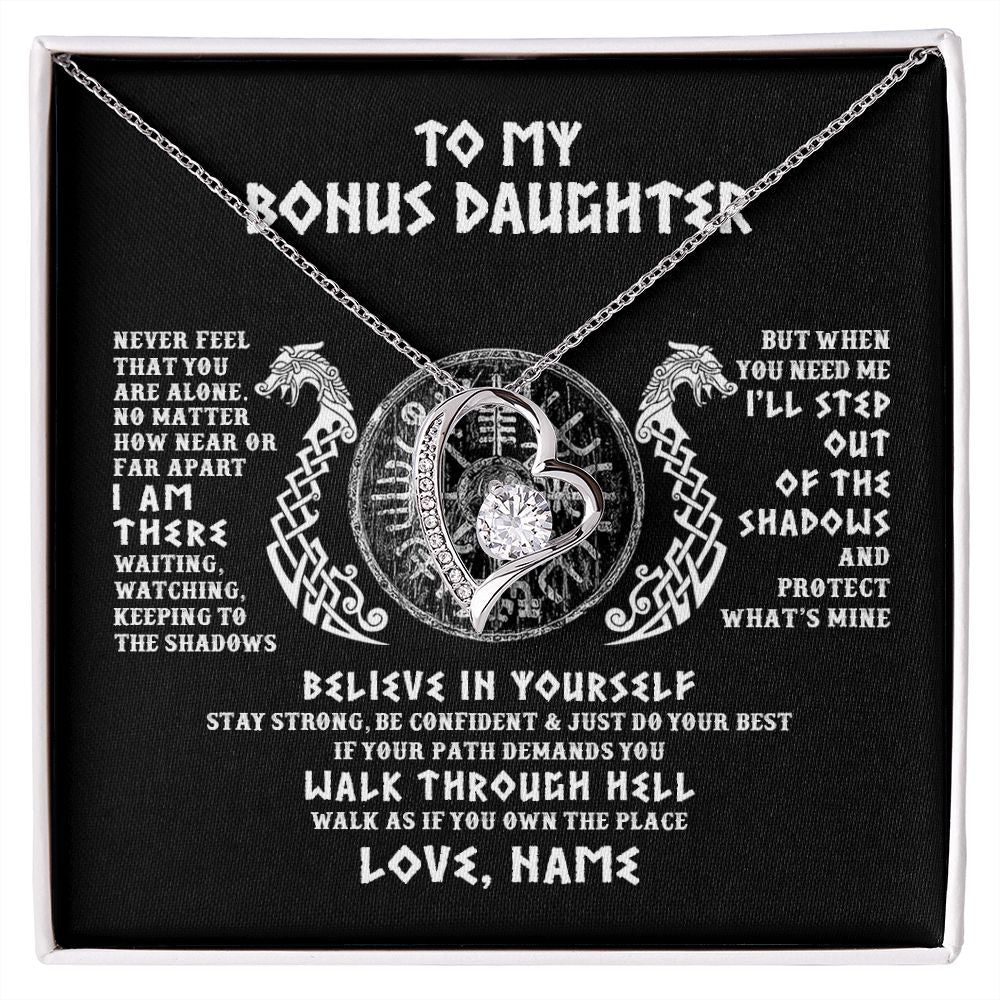 Forever Love Necklace | Personalized To My Bonus Daughter Necklace Viking Never Feel You Are Alone Odin Scandinavian Norse Runes Birthday Christmas Customized Gift Box Message Card | teecentury