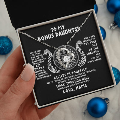 Forever Love Necklace | Personalized To My Bonus Daughter Necklace Viking Never Feel You Are Alone Odin Scandinavian Norse Runes Birthday Christmas Customized Gift Box Message Card | teecentury