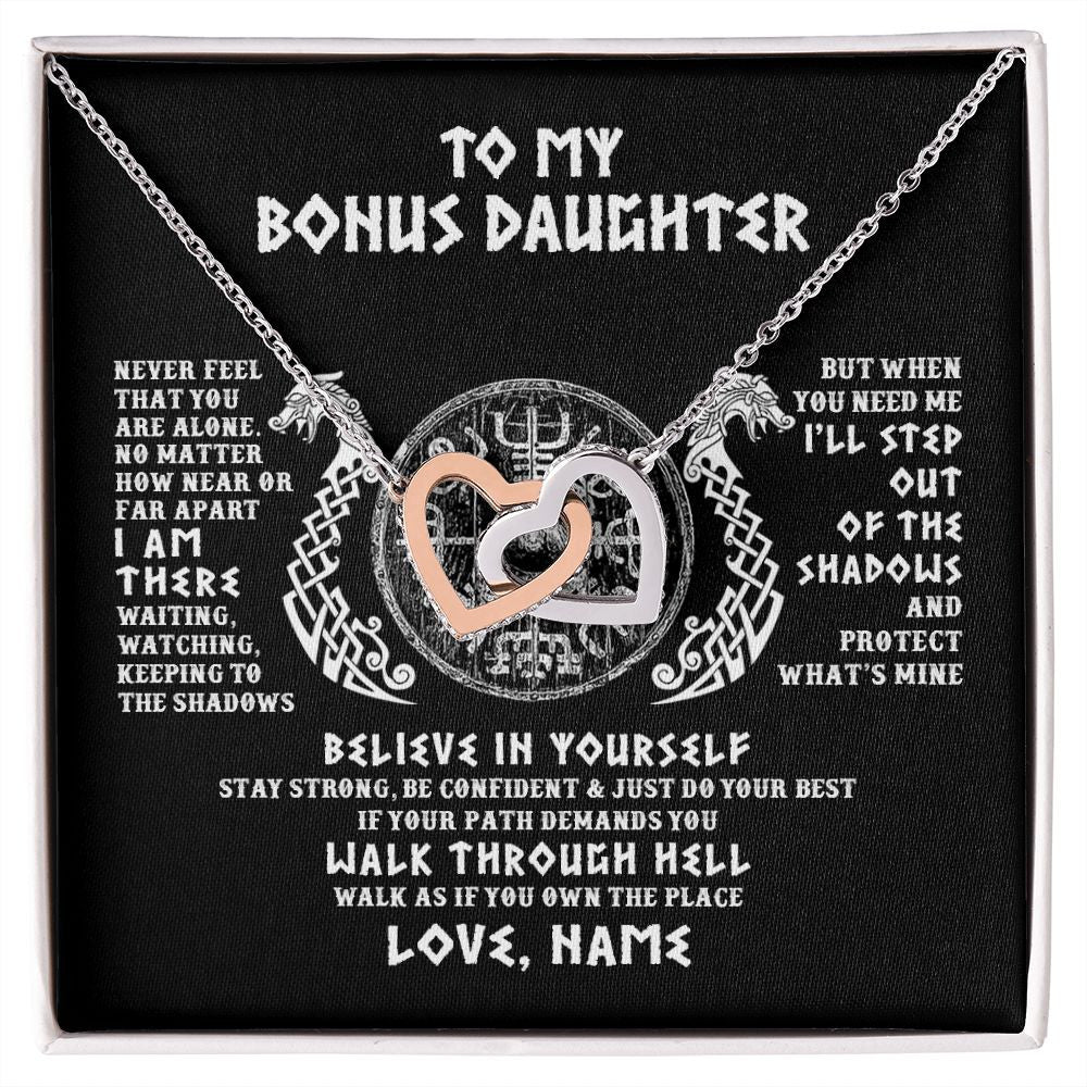 Interlocking Hearts Necklace | Personalized To My Bonus Daughter Necklace Viking Never Feel You Are Alone Odin Scandinavian Norse Runes Birthday Christmas Customized Gift Box Message Card | teecentury