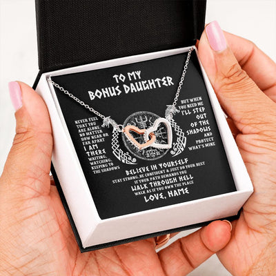 Interlocking Hearts Necklace | Personalized To My Bonus Daughter Necklace Viking Never Feel You Are Alone Odin Scandinavian Norse Runes Birthday Christmas Customized Gift Box Message Card | teecentury