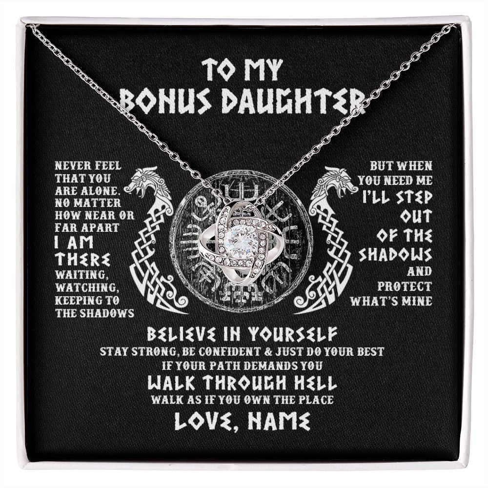 Love Knot Necklace | Personalized To My Bonus Daughter Necklace Viking Never Feel You Are Alone Odin Scandinavian Norse Runes Birthday Christmas Customized Gift Box Message Card | teecentury