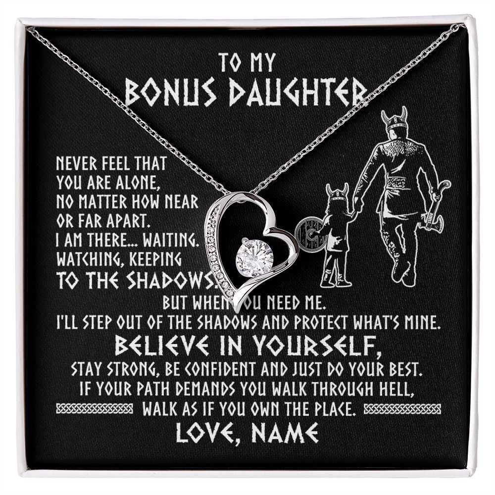 Forever Love Necklace | Personalized To My Bonus Daughter Necklace Viking Never Feel You Are Alone Scandinavian Runes Viking Stepdaughter Christmas Customized Gift Box Message Card | teecentury