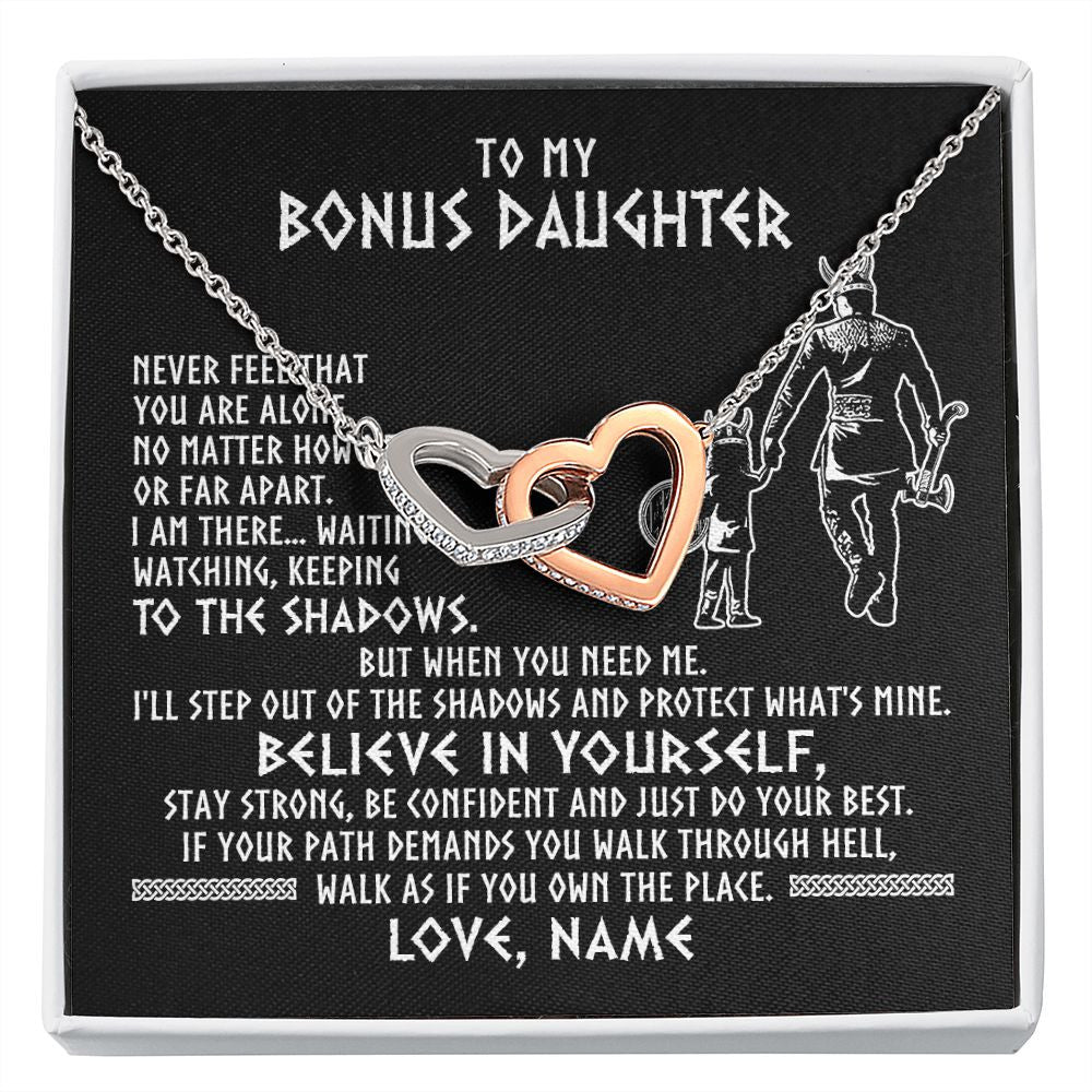 Interlocking Hearts Necklace | Personalized To My Bonus Daughter Necklace Viking Never Feel You Are Alone Scandinavian Runes Viking Stepdaughter Christmas Customized Gift Box Message Card | teecentury