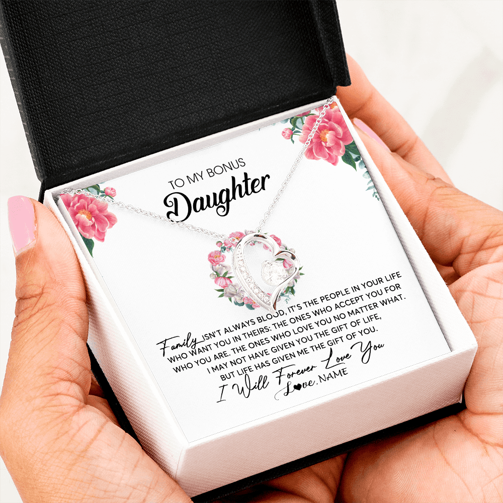 Forever Love Necklace | Personalized To My Bonus Daughter Necklace from Stepmom Family Isn't Always Blood Step Daughter Jewelry Birthday Christmas Customized Gift Box Message Card | teecentury