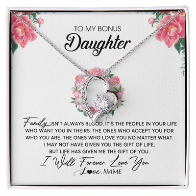 Forever Love Necklace | Personalized To My Bonus Daughter Necklace from Stepmom Family Isn't Always Blood Step Daughter Jewelry Birthday Christmas Customized Gift Box Message Card | teecentury