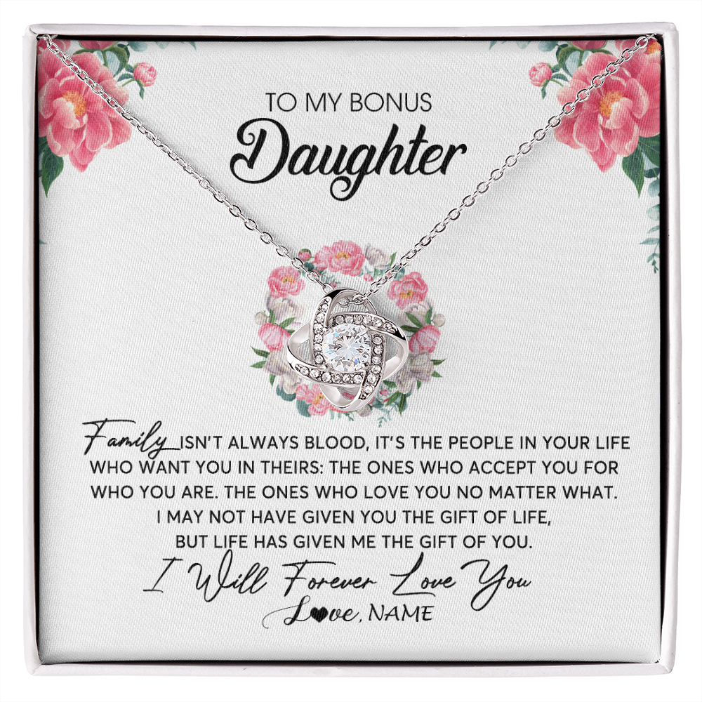 Love Knot Necklace | Personalized To My Bonus Daughter Necklace from Stepmom Family Isn't Always Blood Step Daughter Jewelry Birthday Christmas Customized Gift Box Message Card | teecentury
