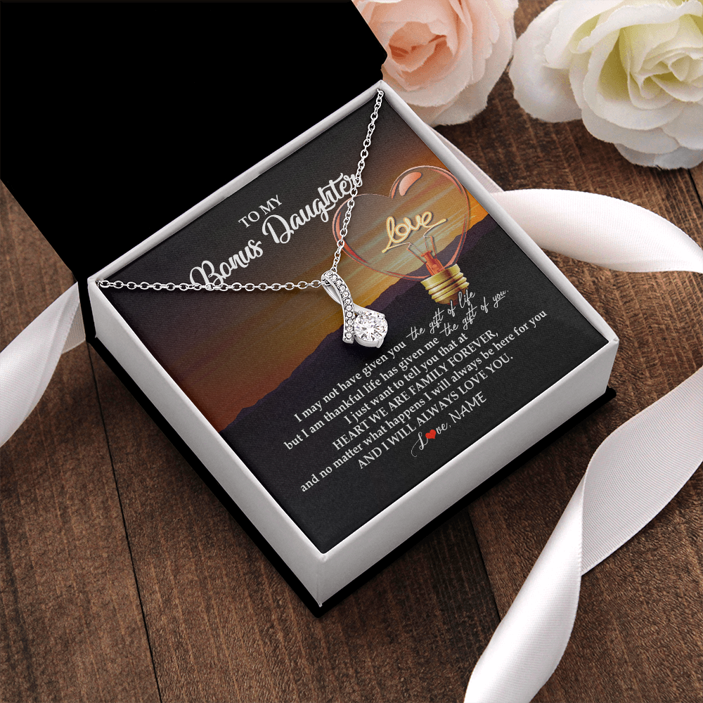 Alluring Beauty Necklace | Personalized To My Bonus Daughter Necklace from Stepmom Stepdad I Will Always Love You Stepdaughter Jewelry Birthday Wedding Christmas Customized Message Card | teecentury