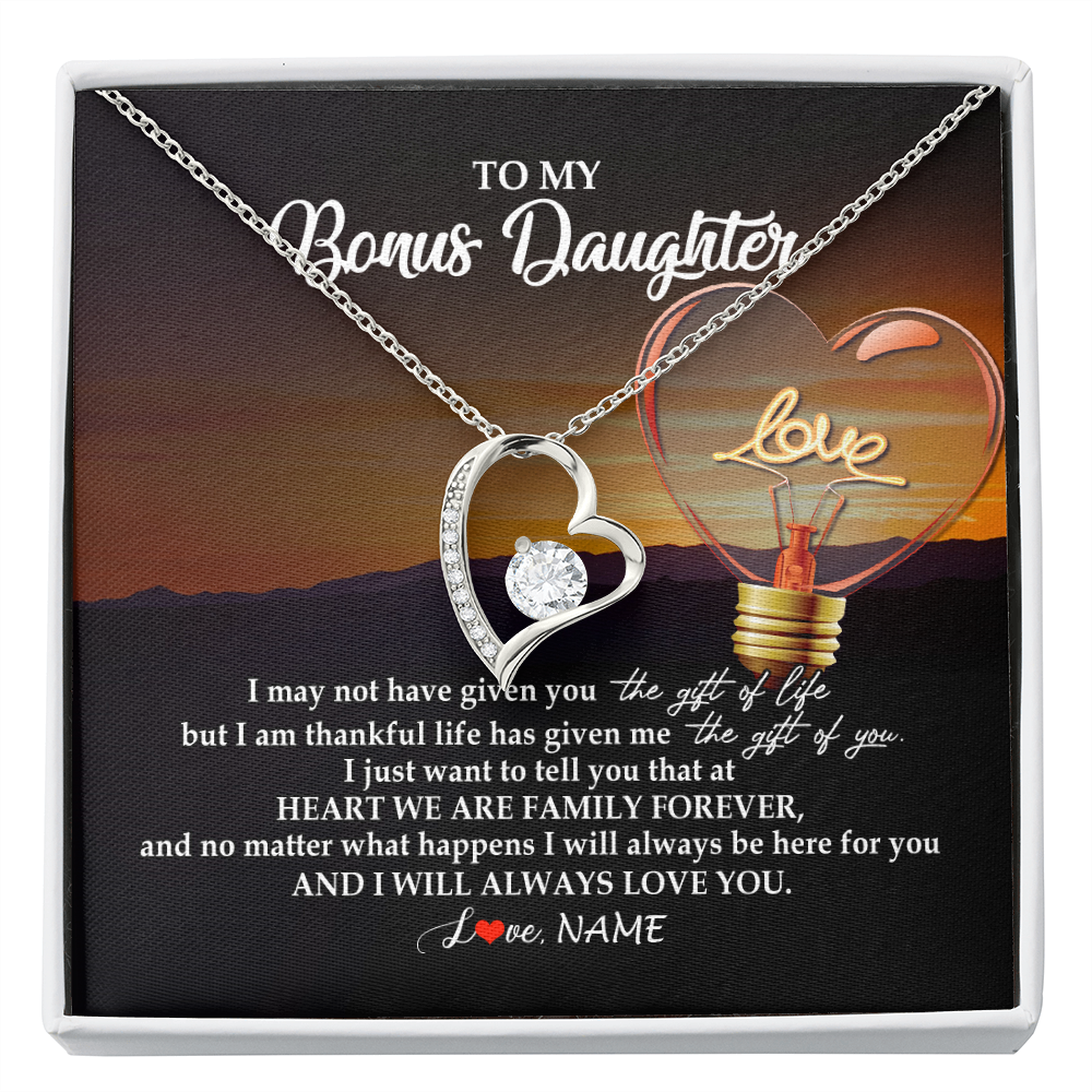 Forever Love Necklace | Personalized To My Bonus Daughter Necklace from Stepmom Stepdad I Will Always Love You Stepdaughter Jewelry Birthday Wedding Christmas Customized Message Card | teecentury