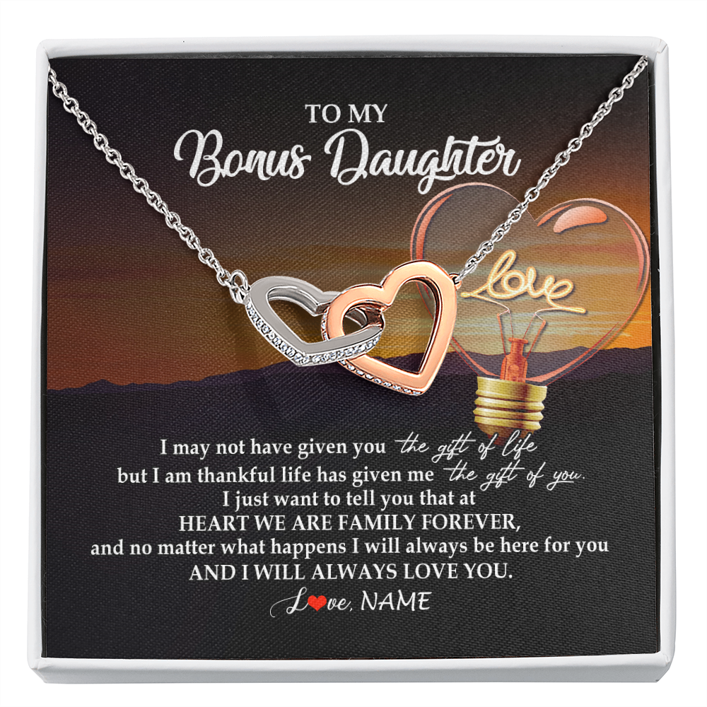 Interlocking Hearts Necklace | Personalized To My Bonus Daughter Necklace from Stepmom Stepdad I Will Always Love You Stepdaughter Jewelry Birthday Wedding Christmas Customized Message Card | teecentury