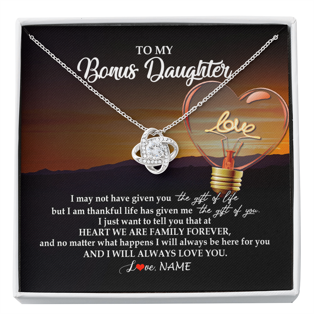 Love Knot Necklace | Personalized To My Bonus Daughter Necklace from Stepmom Stepdad I Will Always Love You Stepdaughter Jewelry Birthday Wedding Christmas Customized Message Card | teecentury