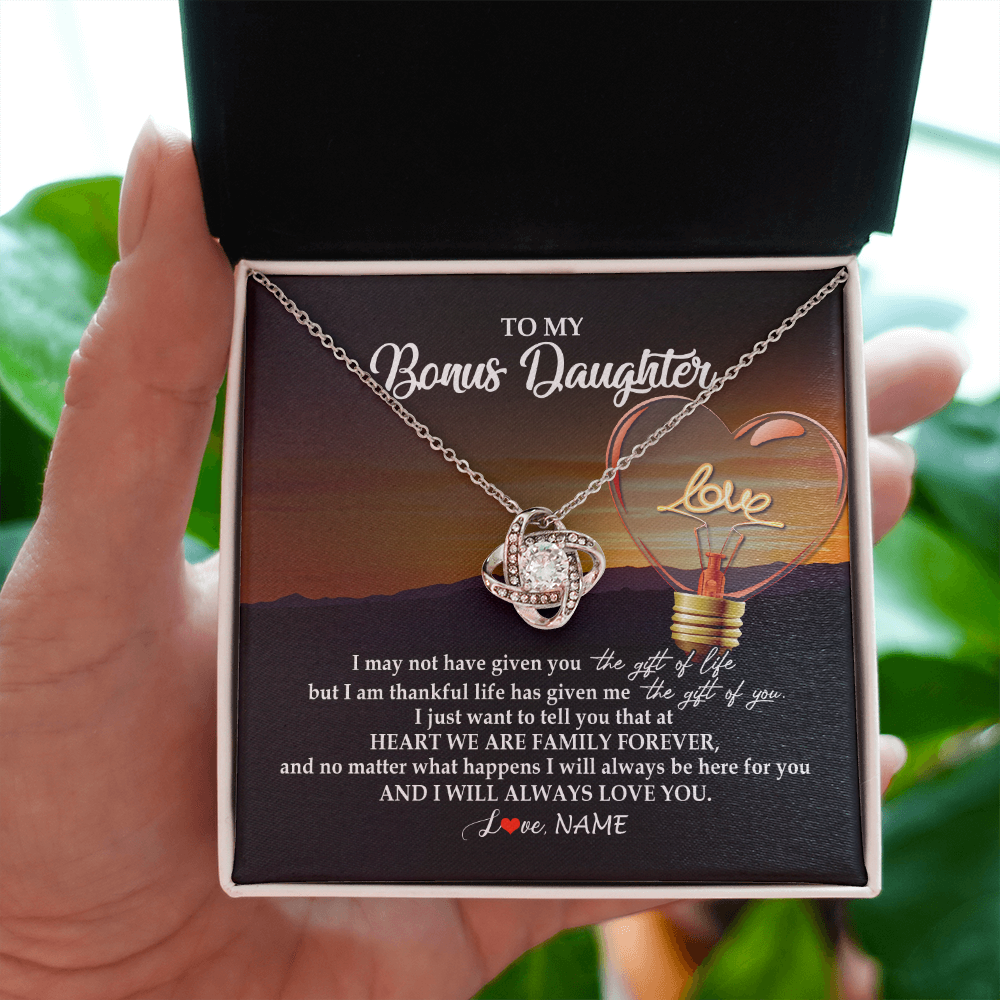 Love Knot Necklace | Personalized To My Bonus Daughter Necklace from Stepmom Stepdad I Will Always Love You Stepdaughter Jewelry Birthday Wedding Christmas Customized Message Card | teecentury