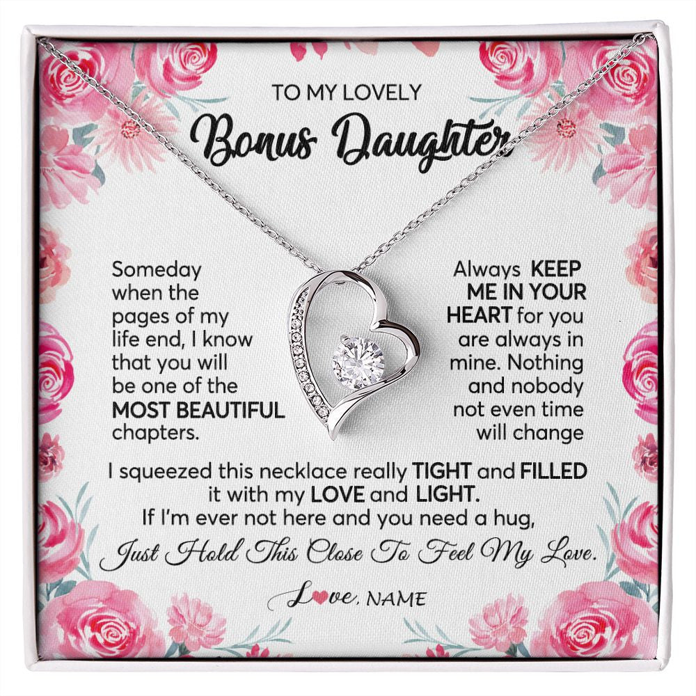 Forever Love Necklace | Personalized To My Bonus Daughter Necklace from Stepmother Always Keep Me in Your Heart Stepdaughter Birthday Christmas Customized Gift Box Message Card | teecentury