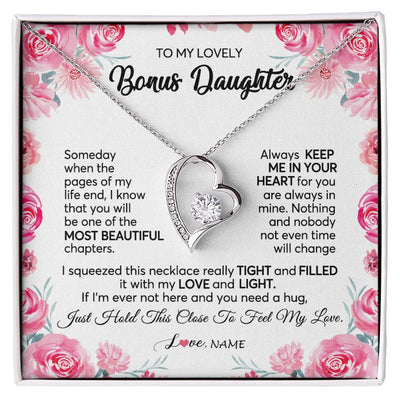 Forever Love Necklace | Personalized To My Bonus Daughter Necklace from Stepmother Always Keep Me in Your Heart Stepdaughter Birthday Christmas Customized Gift Box Message Card | teecentury