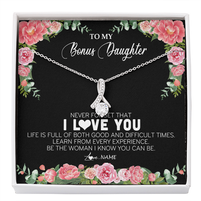 Alluring Beauty Necklace | Personalized To My Bonus Daughter Necklace from Stepmother Never Forget I Love You Floral Jewelry for Stepdaughter Birthday Christmas Customized Message Card | teecentury