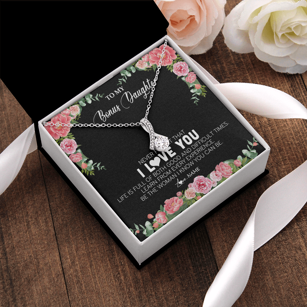 Alluring Beauty Necklace | Personalized To My Bonus Daughter Necklace from Stepmother Never Forget I Love You Floral Jewelry for Stepdaughter Birthday Christmas Customized Message Card | teecentury