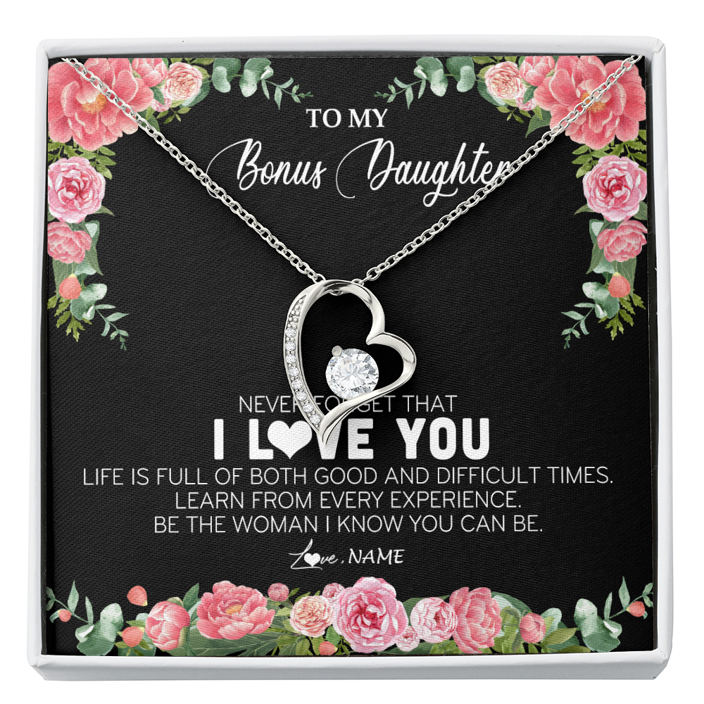 Forever Love Necklace | Personalized To My Bonus Daughter Necklace from Stepmother Never Forget I Love You Floral Jewelry for Stepdaughter Birthday Christmas Customized Message Card | teecentury