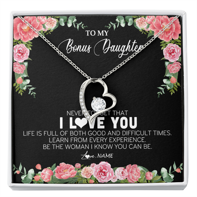 Forever Love Necklace | Personalized To My Bonus Daughter Necklace from Stepmother Never Forget I Love You Floral Jewelry for Stepdaughter Birthday Christmas Customized Message Card | teecentury