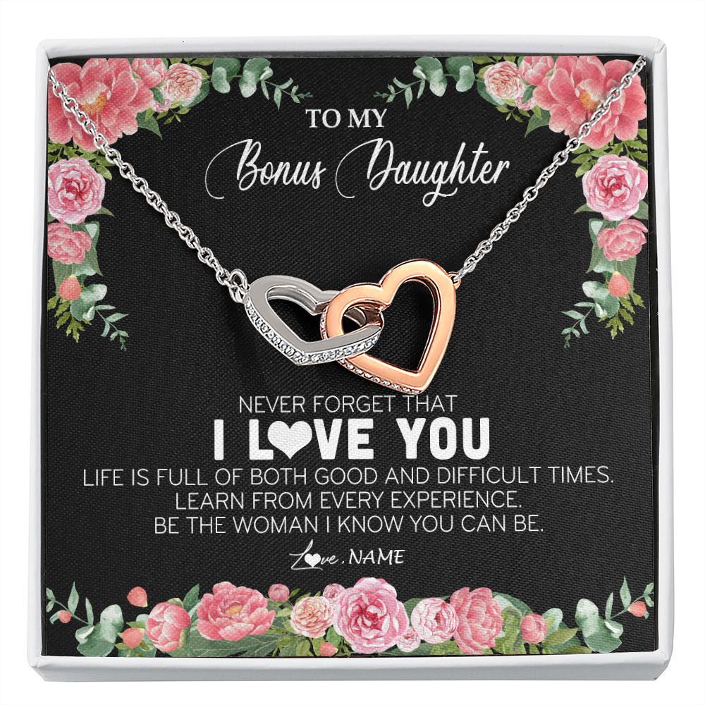 Interlocking Hearts Necklace | Personalized To My Bonus Daughter Necklace from Stepmother Never Forget I Love You Floral Jewelry for Stepdaughter Birthday Christmas Customized Message Card | teecentury
