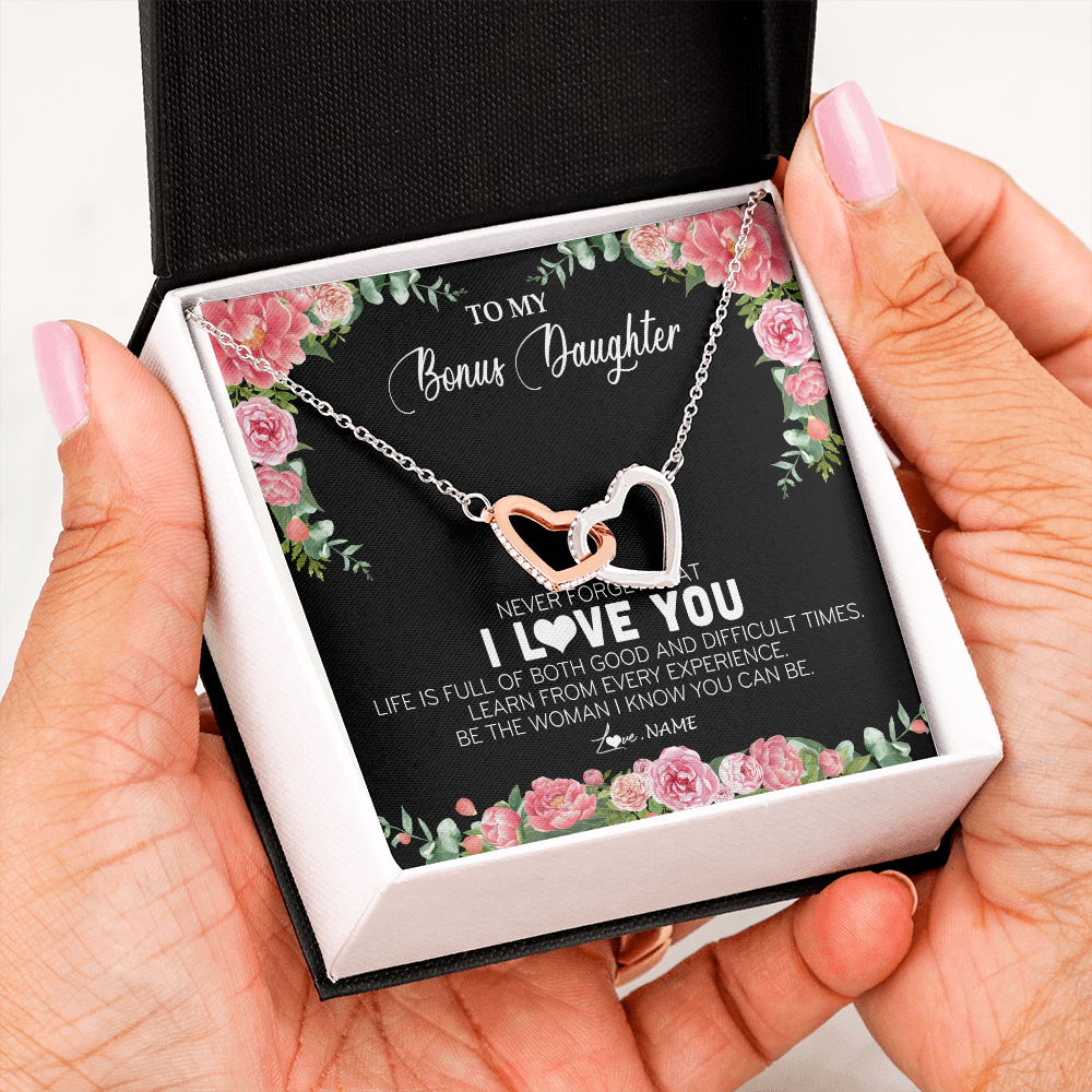 Interlocking Hearts Necklace | Personalized To My Bonus Daughter Necklace from Stepmother Never Forget I Love You Floral Jewelry for Stepdaughter Birthday Christmas Customized Message Card | teecentury