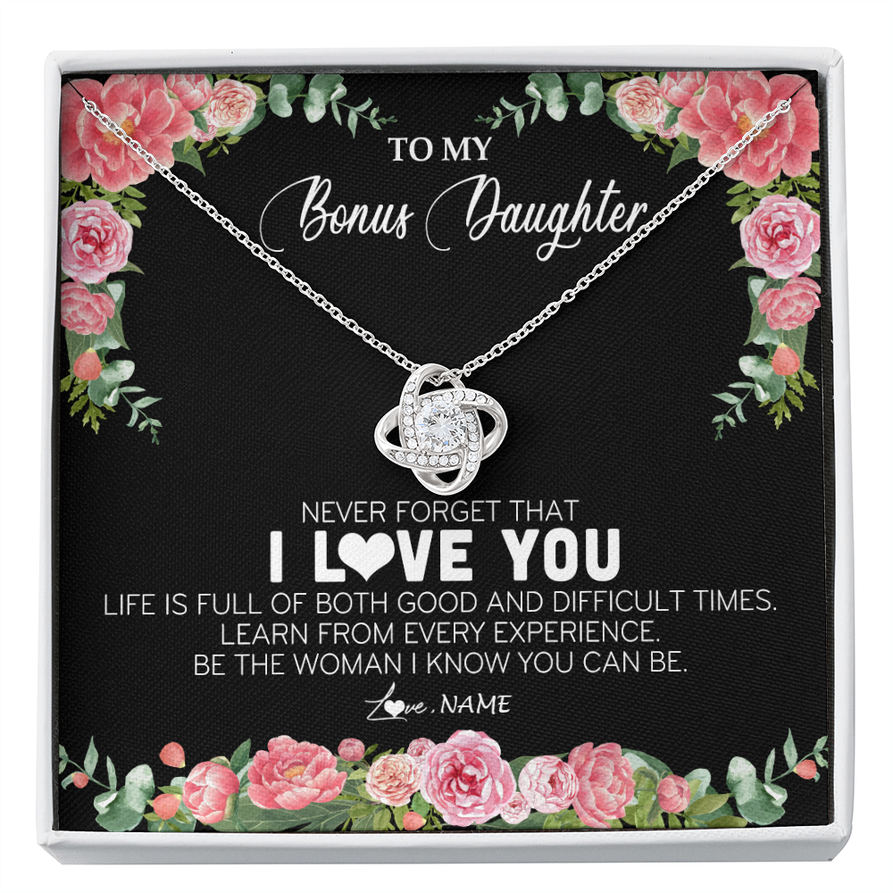 Love Knot Necklace | Personalized To My Bonus Daughter Necklace from Stepmother Never Forget I Love You Floral Jewelry for Stepdaughter Birthday Christmas Customized Message Card | teecentury